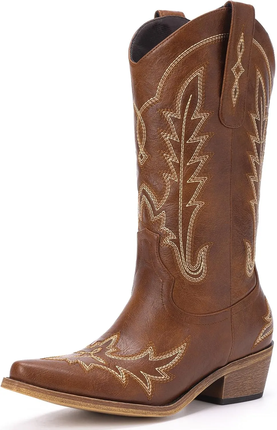 Cowboy Boots for Women - Cowgirl Boots with Embroidery, Chunky Heel Pointed Toe Pull-on Vintage Western Mid Calf Fashion Boots for Ladies