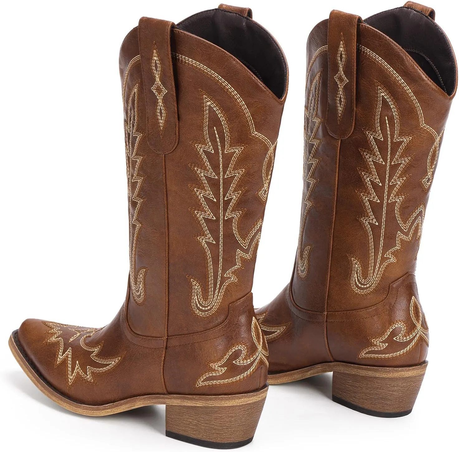 Cowboy Boots for Women - Cowgirl Boots with Embroidery, Chunky Heel Pointed Toe Pull-on Vintage Western Mid Calf Fashion Boots for Ladies